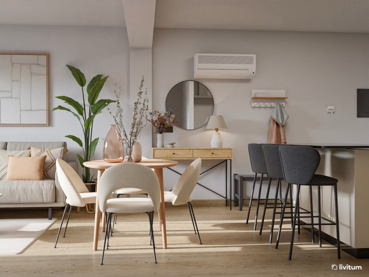 sal&oacute;n comedor con cocina abierta y color greige 