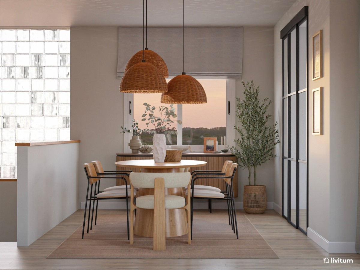 comedor en tonos madera, mesa de comedor redonda y l&aacute;mparas colgantes