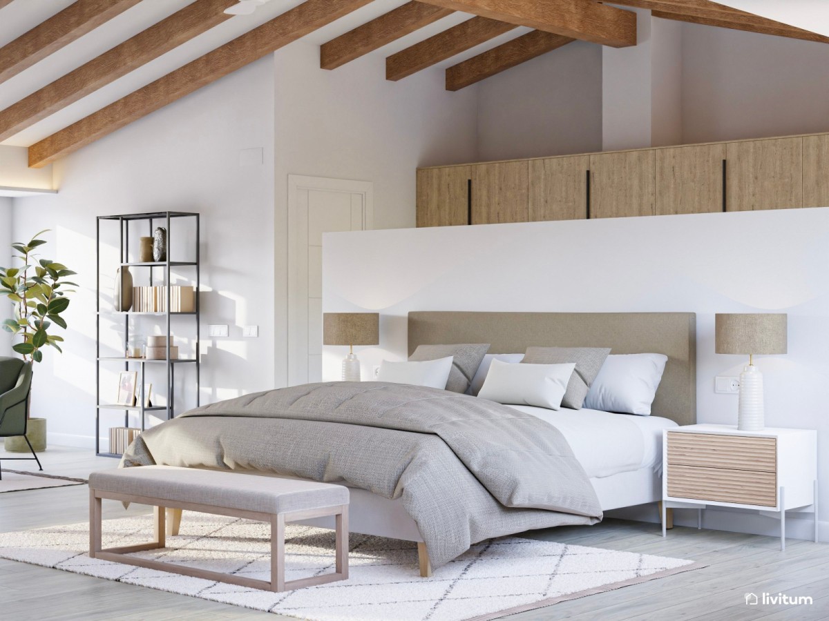 Dormitorio de matrimonio en tonos claros y mesas de noche
