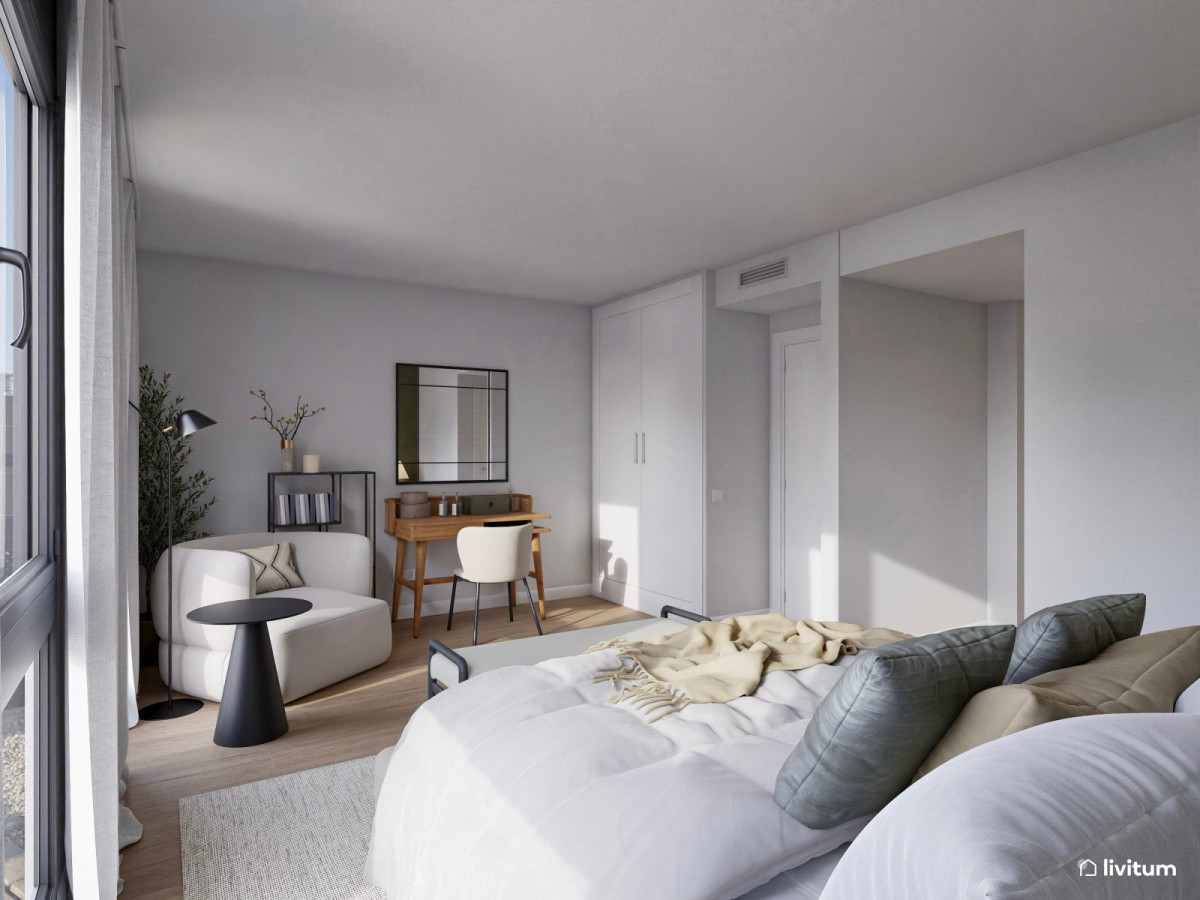 dormitorio en tonos claros con cama de matrimonio y banco a los pies de la cama