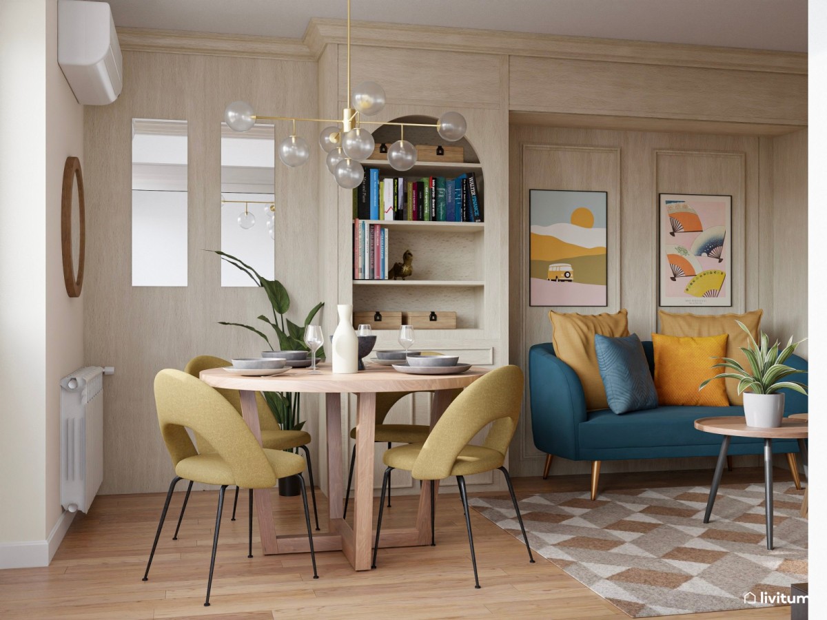 sal&oacute;n comedor colorido, con sof&aacute; en azul y mesa de comedor circular