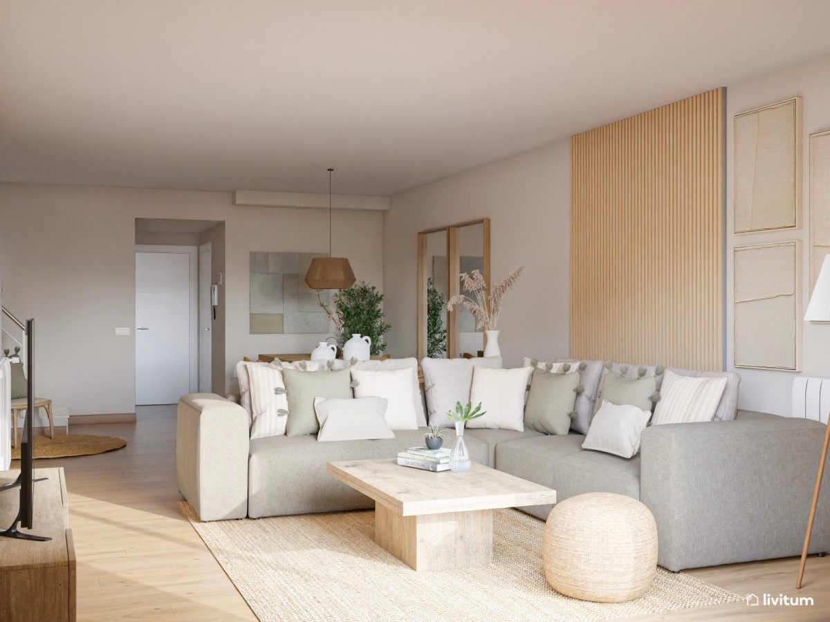 sal&oacute;n comedor con sof&aacute; en L y mesa de centro de madera