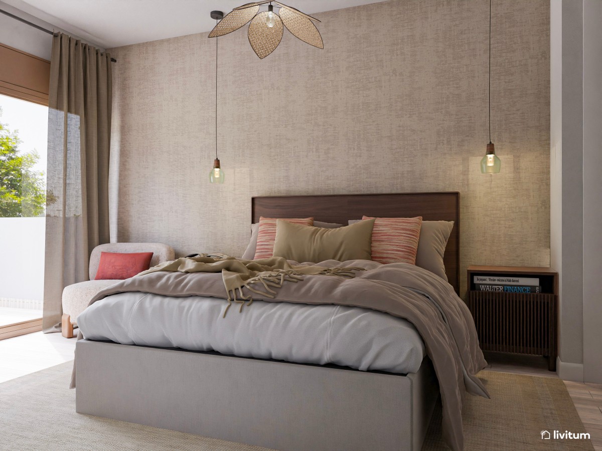Dormitorio con cojines de colores complementarios 