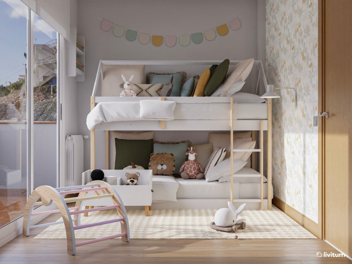 dormitorio infantil con litera de madera y papel pintado en la pared