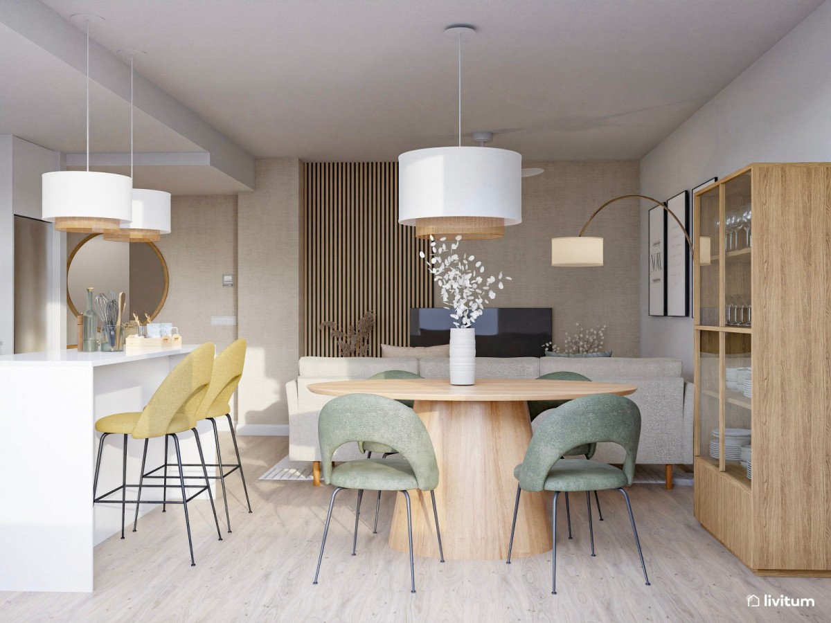 sal&oacute;n comedor con cocina abierta, detalles en verde y mostaza