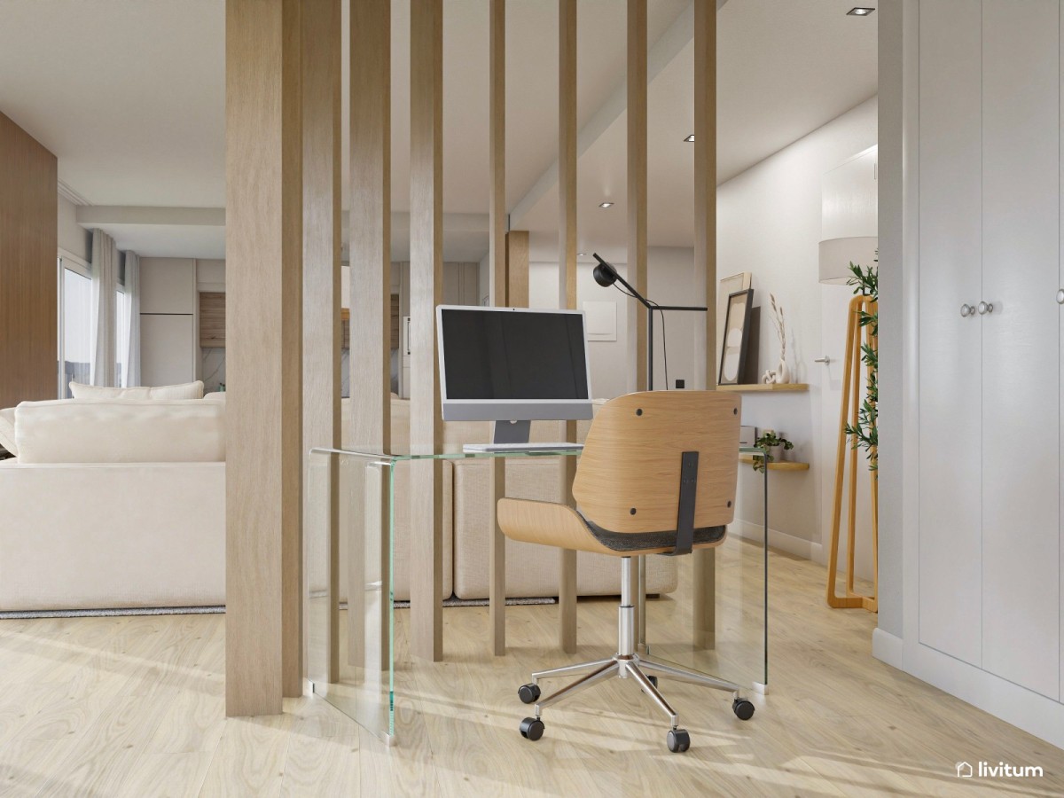 zona de estudio en madera y mesa de cristal