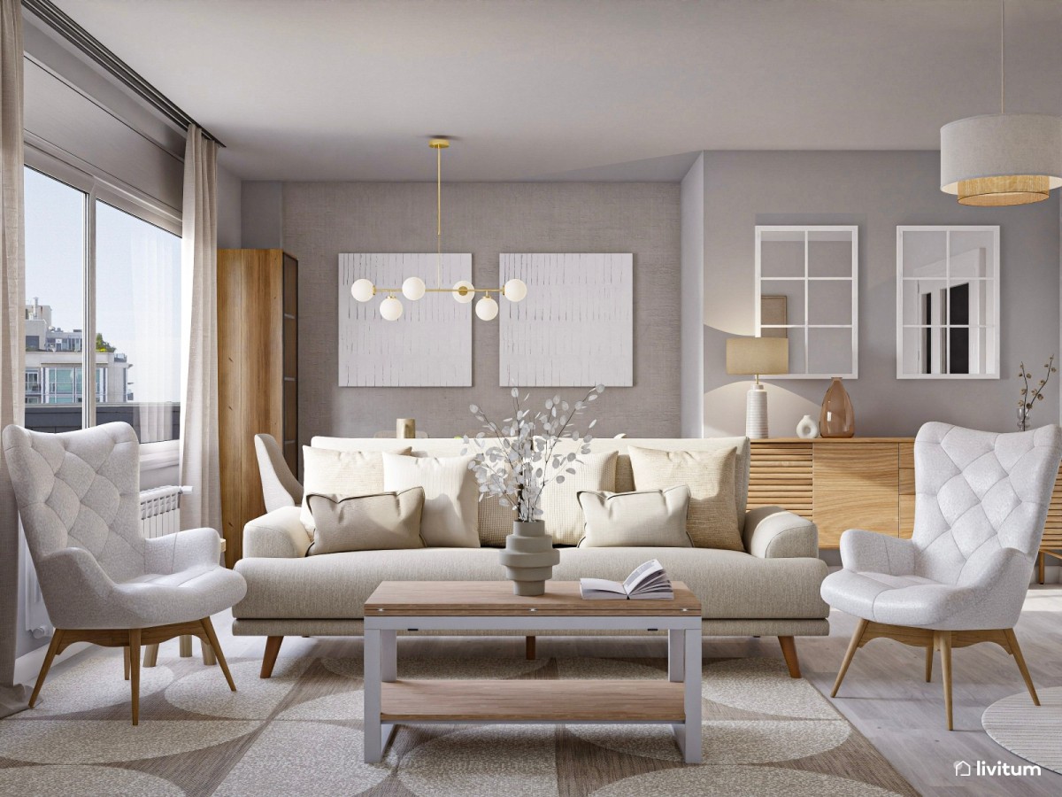 sal&oacute;n en tonos claros sof&aacute; y sillones