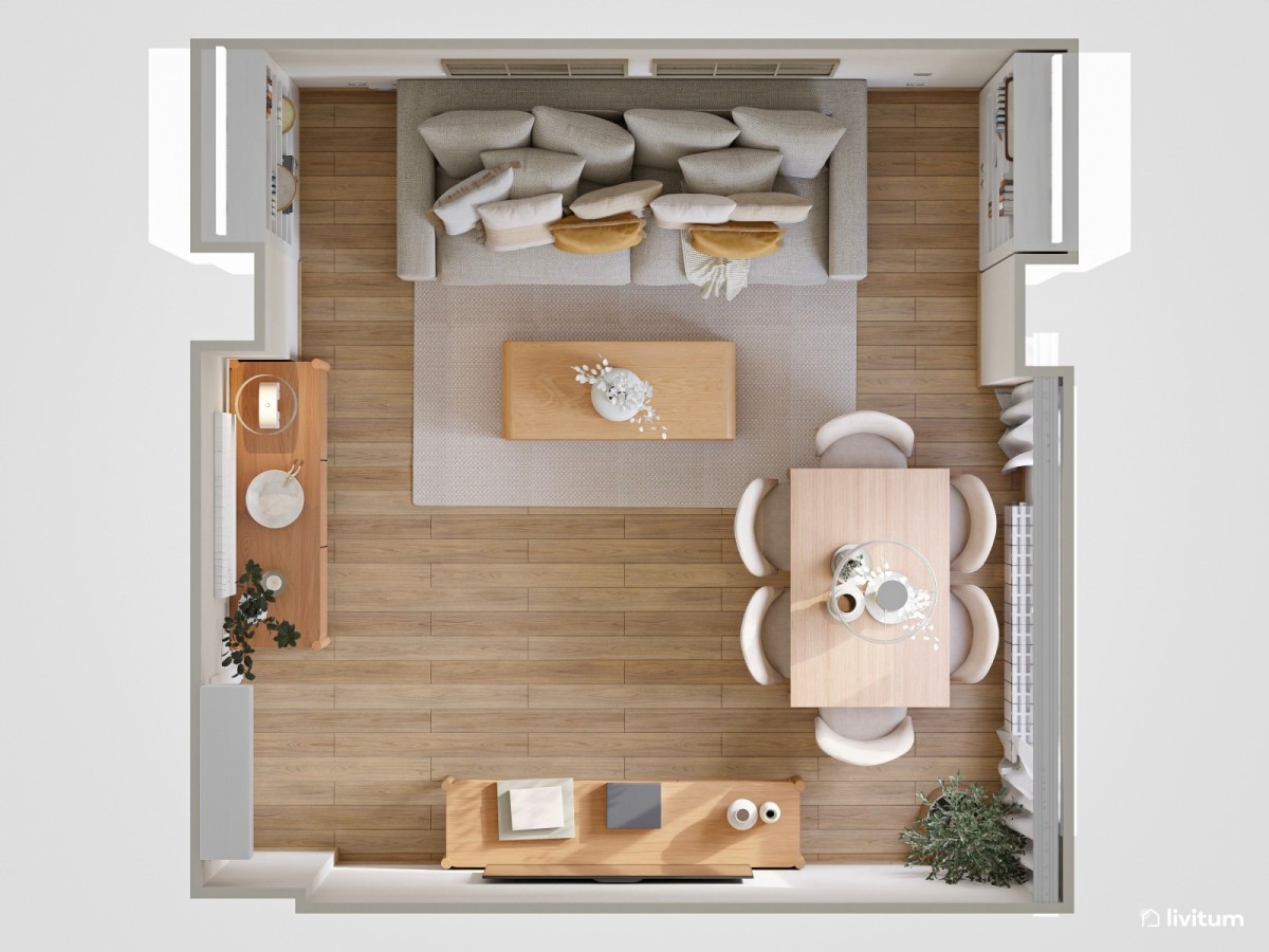 plano de sal&oacute;n comedor en tonos claros y detalles en mostaza