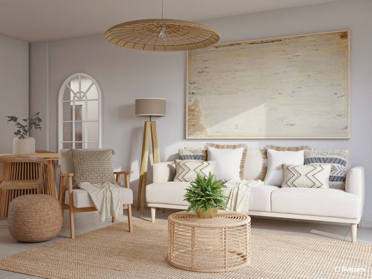sal&oacute;n comedor en tonos claros, sof&aacute;, sill&oacute;n y mesa de centro de chenilla blanca