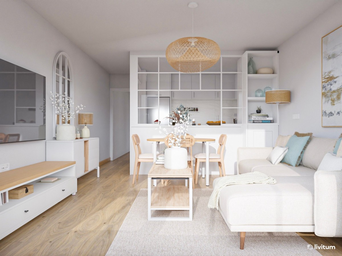 sal&oacute;n en tonos claros, sof&aacute; en L y mesa de comedor de madera
