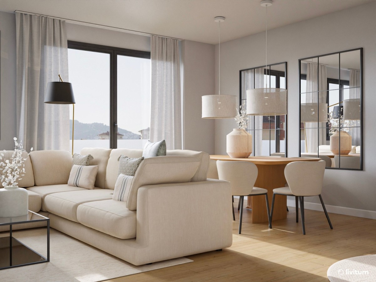 sal&oacute;n comedor en tonos claros, sof&aacute; en L y mesa de comedor de madera
