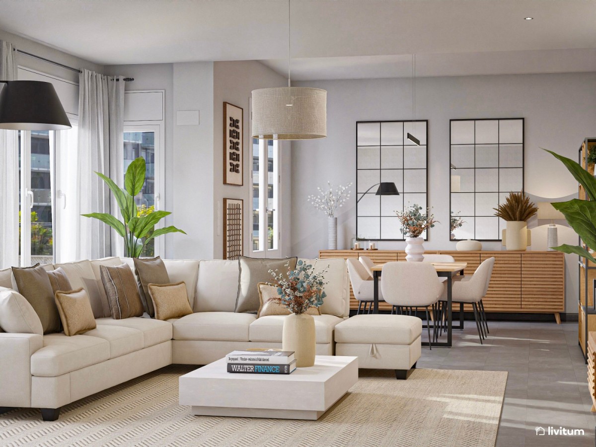 sal&oacute;n comedor con sof&aacute; en L, mesa de comedor de madera y espejos decorativos