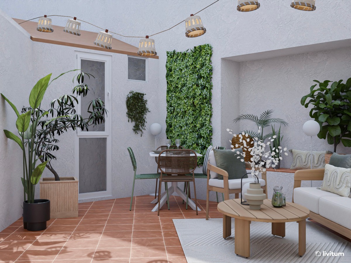 terraza con sof&aacute;s y sillones, mesa de comedor y mesa de centro