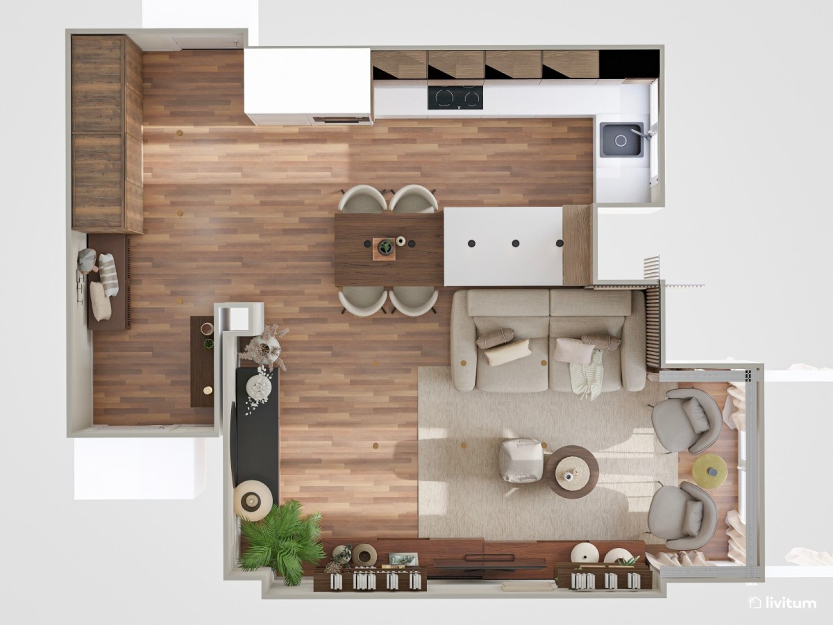 plano de sal&oacute;n con cocina abierta en tonos madera oscuro