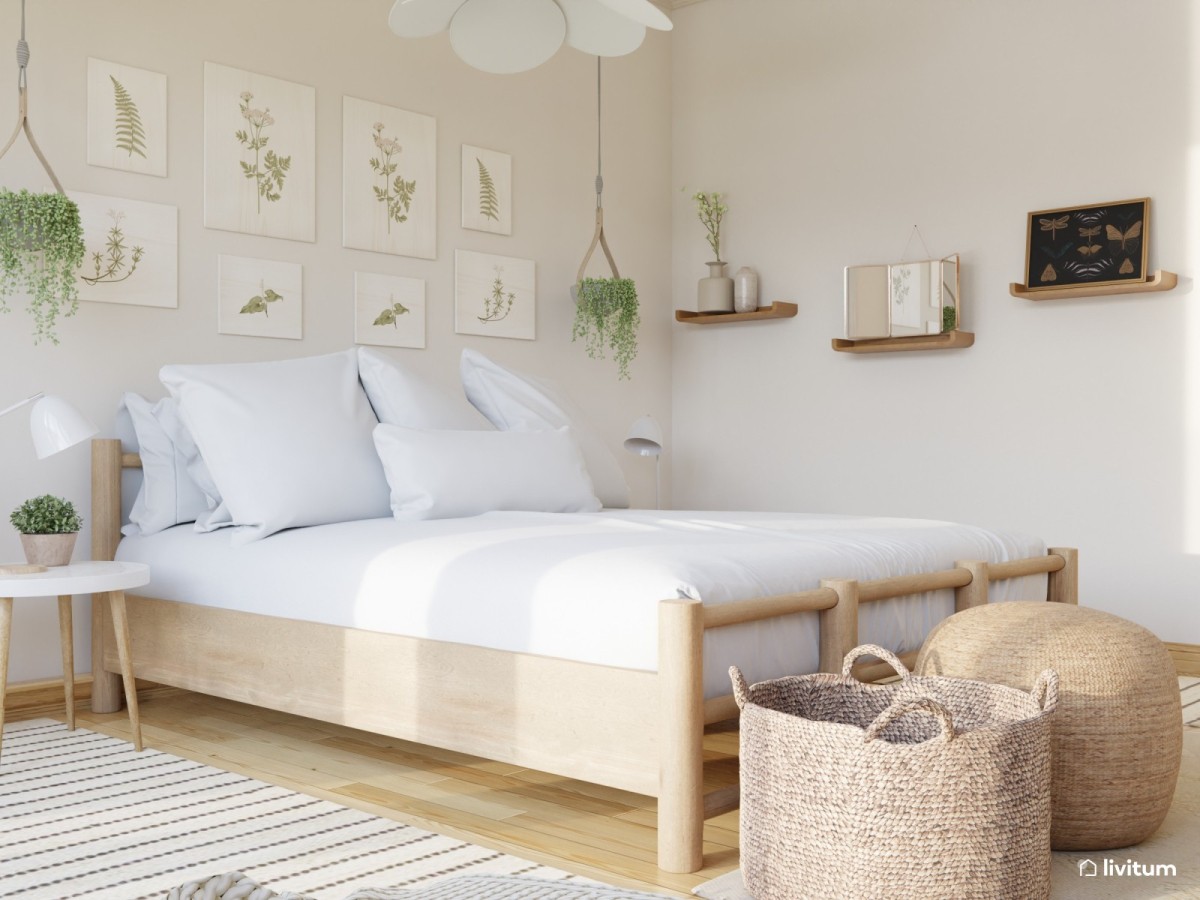 habitaci&oacute;n juvenil peque&ntilde;a en tonos claros, cama doble y cubo para la ropa sucia