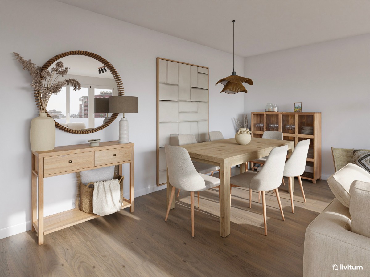 comedor con sillas tapizadas en beige y patas de madera