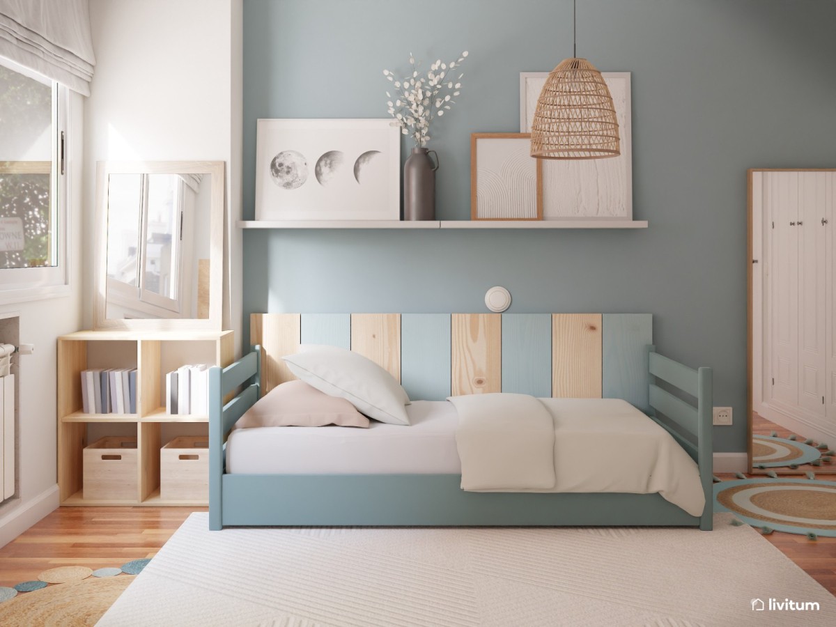 Dormitorio juvenil en tonos azules y madera