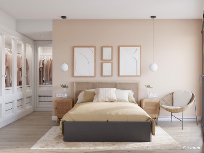 Dormitorio con vestidor de estilo rústico y detalles modernos