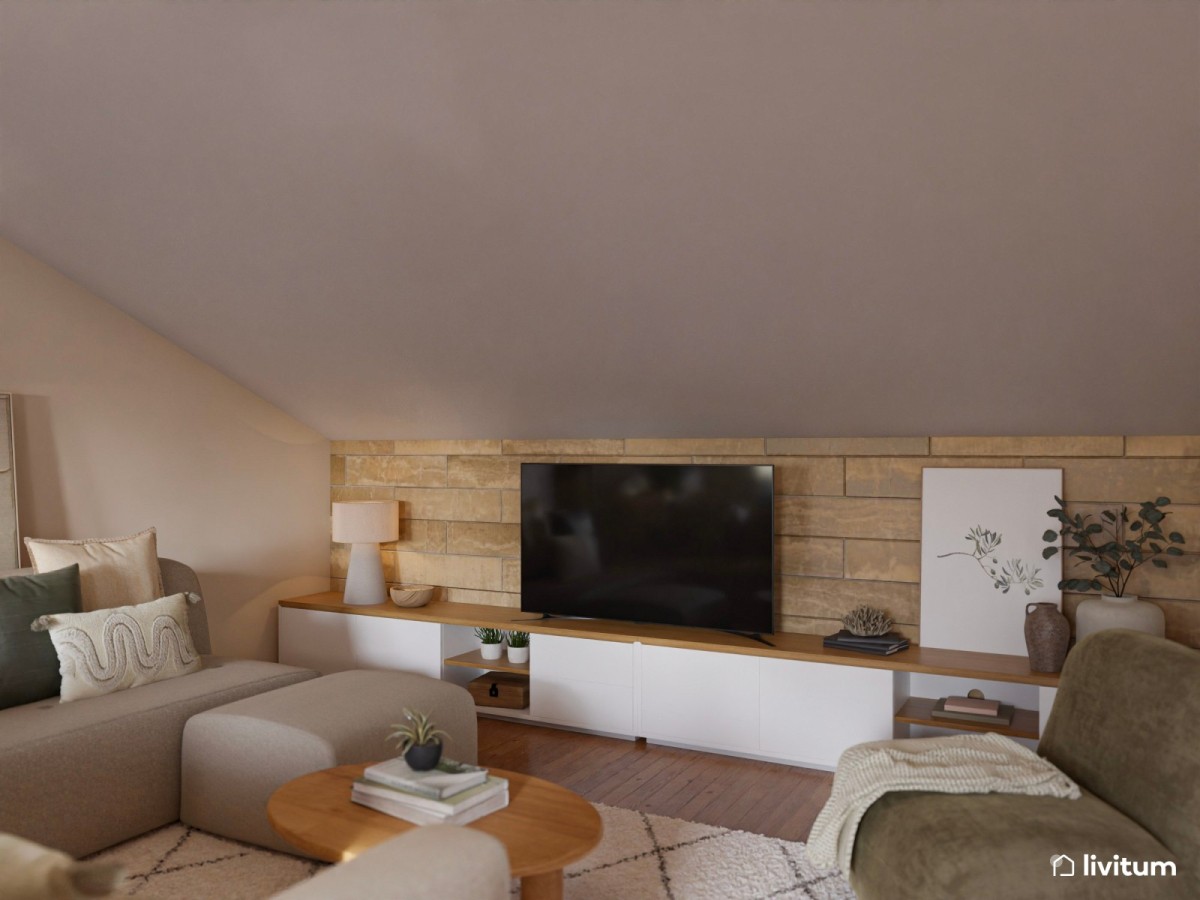 sal&oacute;n abuhardillado en tonos madera con sof&aacute; en L y sill&oacute;n