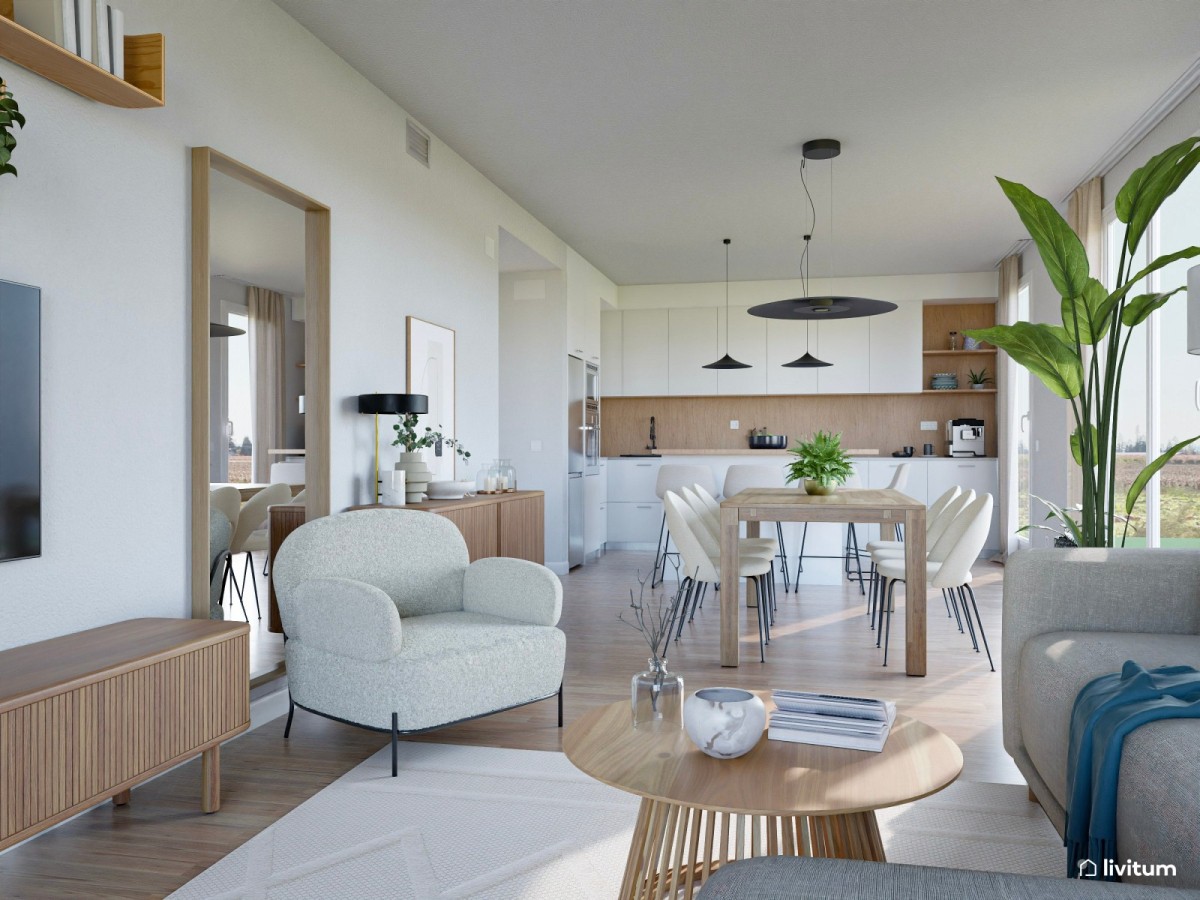 sal&oacute;n comedor con cocina integrada en tonos claros y madera