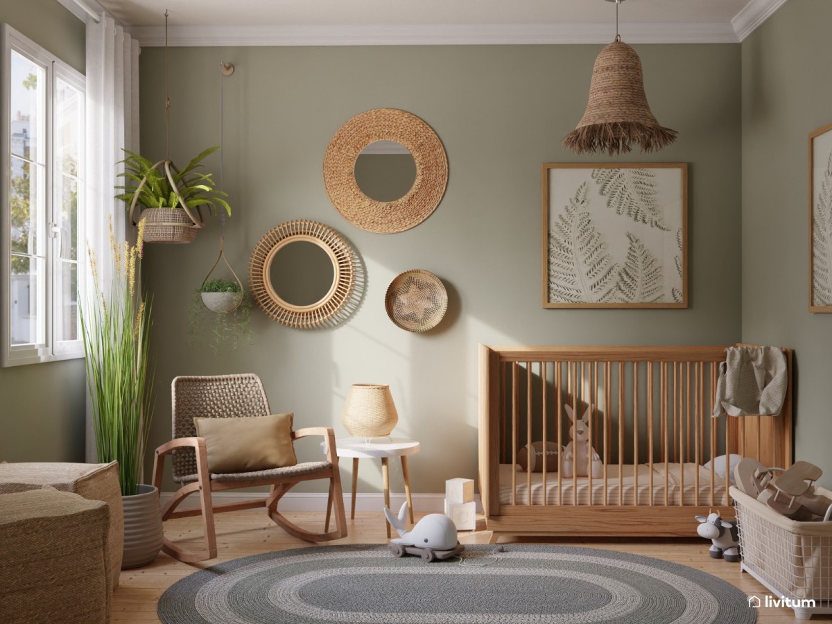 dormitorio infantil en tono verde salvia y detalles en madera