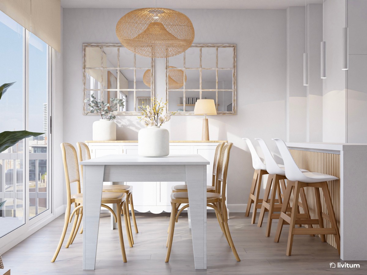 comedor en tonos claros, sillas de madera y dos espejos cuadrados