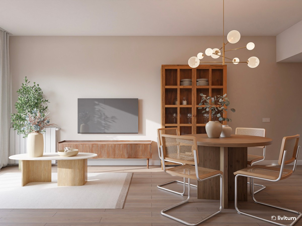 salón comedor en tonos madera, mesa de comedor de madera, y zona de TV con fibras naturales