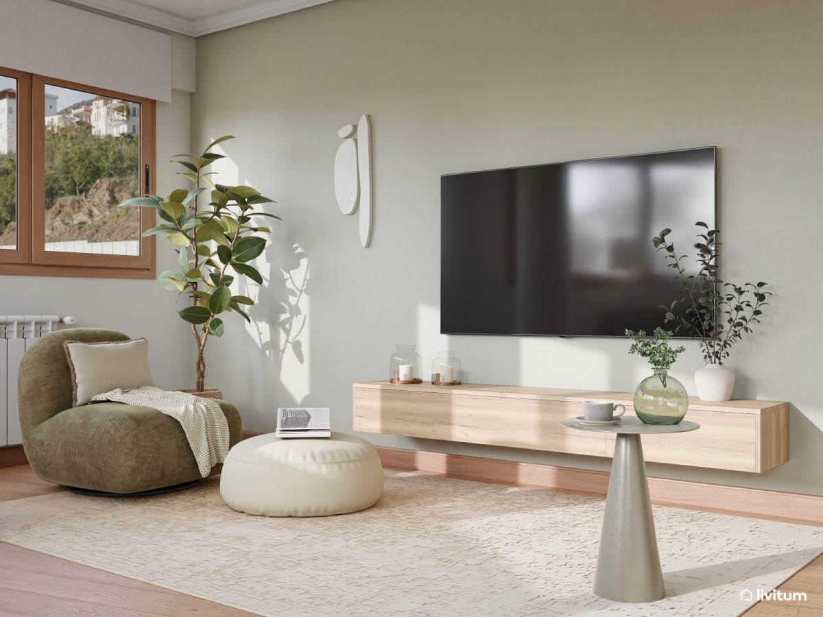 zona de TV, sill&oacute;n y puff y mueble de madera flotante