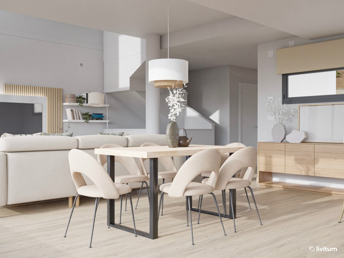sal&oacute;n comedor en tonos claros y detalles en madera