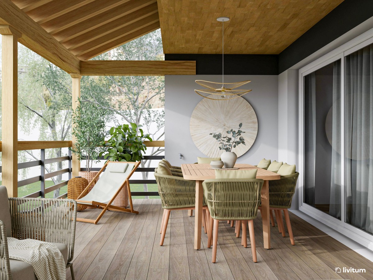 terraza con mesa de comedor de madera y detalles en verde oliva