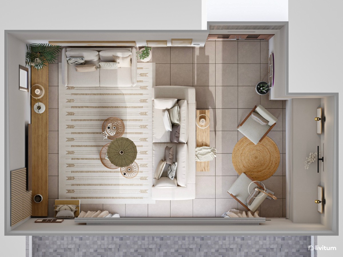Plano de sal&oacute;n en tonos claros, con sof&aacute; separado de la pared y diversas mesas de centro
