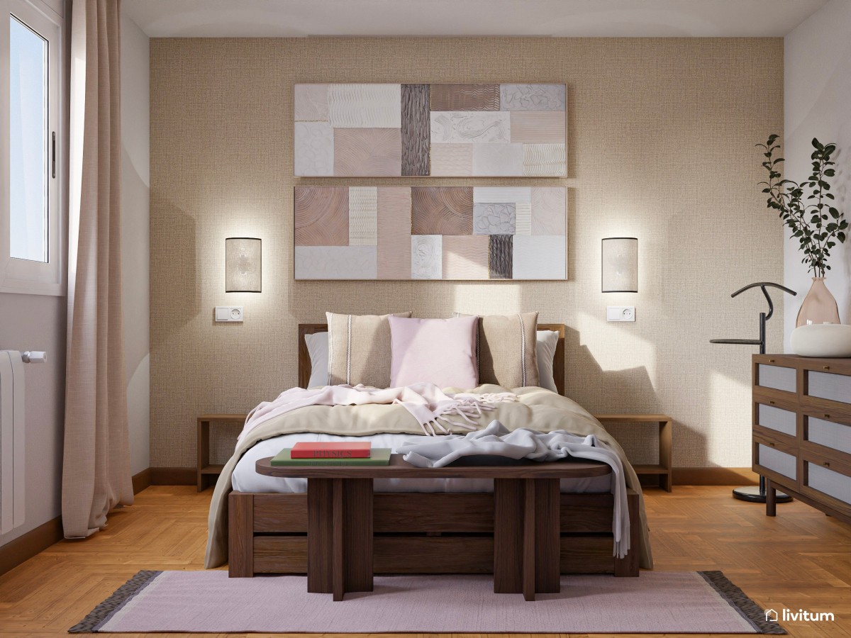 dormitorio en tonos marrones, banco de madera y cuadros en tonos rosas decorativos