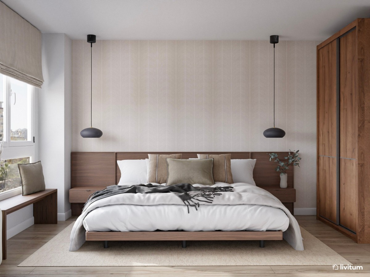 dormitorio en tonos madera oscura, cama de matrimonio y banco de madera