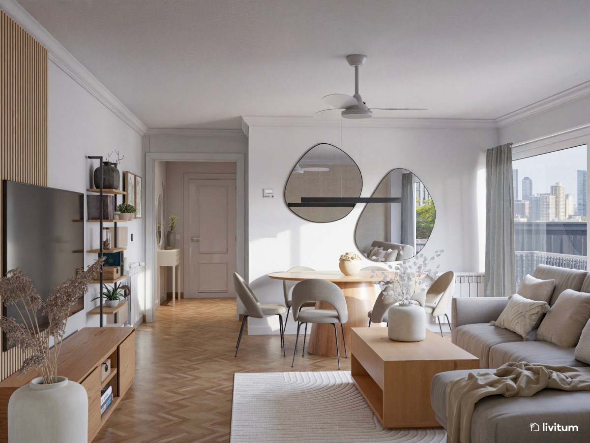 sal&oacute;n comedor con tonos madera, sof&aacute; en L y mesa de centro