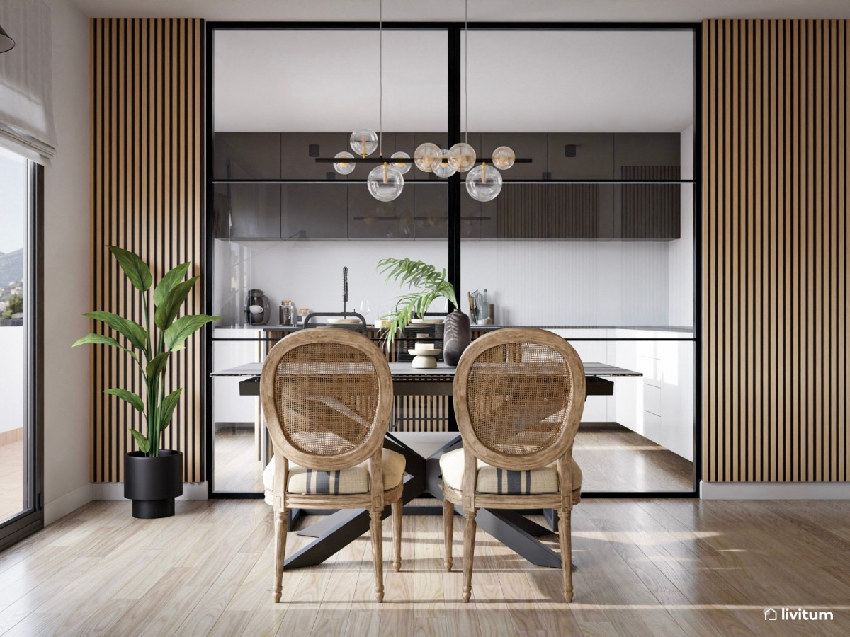 sal&oacute;n comedor con cocina separada por cristal