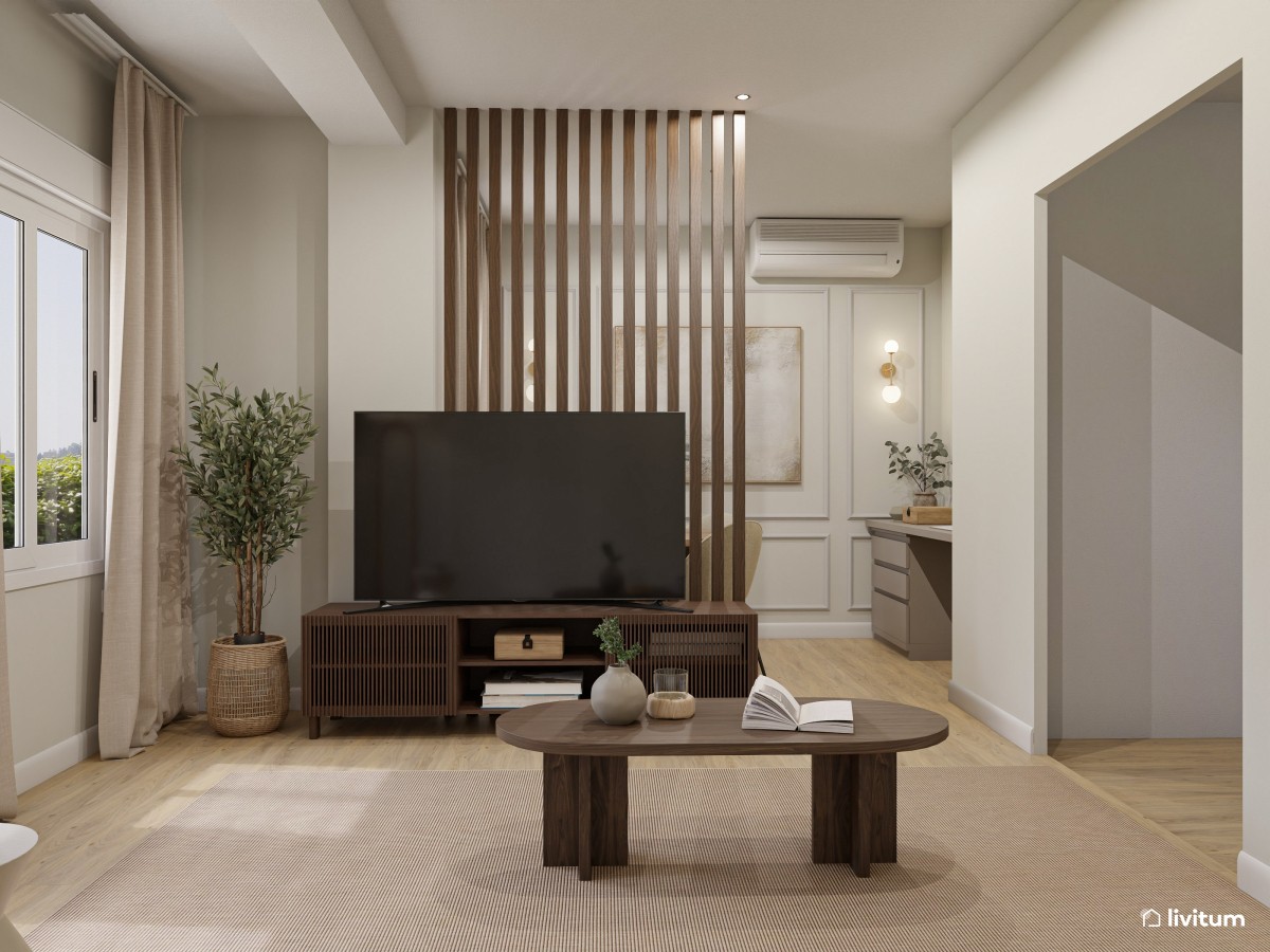 sal&oacute;n con zona de TV, listones de madera y muebles en marr&oacute;n oscuro
