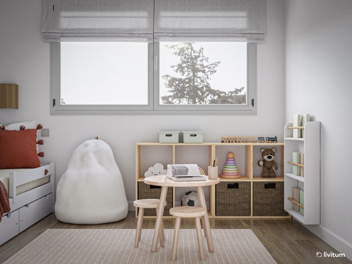 zona de estudio y almacenamiento en habitaci&oacute;n infantil