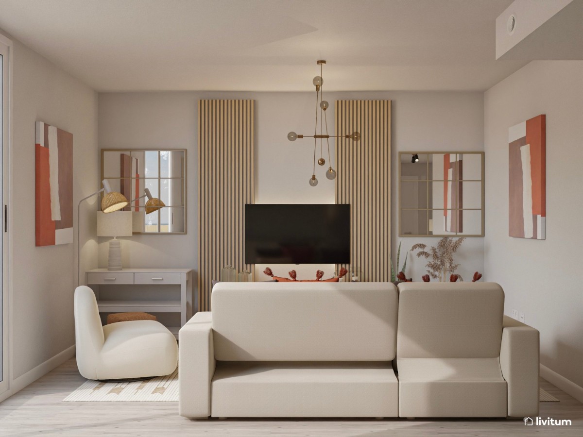 sal&oacute;n en tonos neutros y rojos, listones de madera y espejos decorativos
