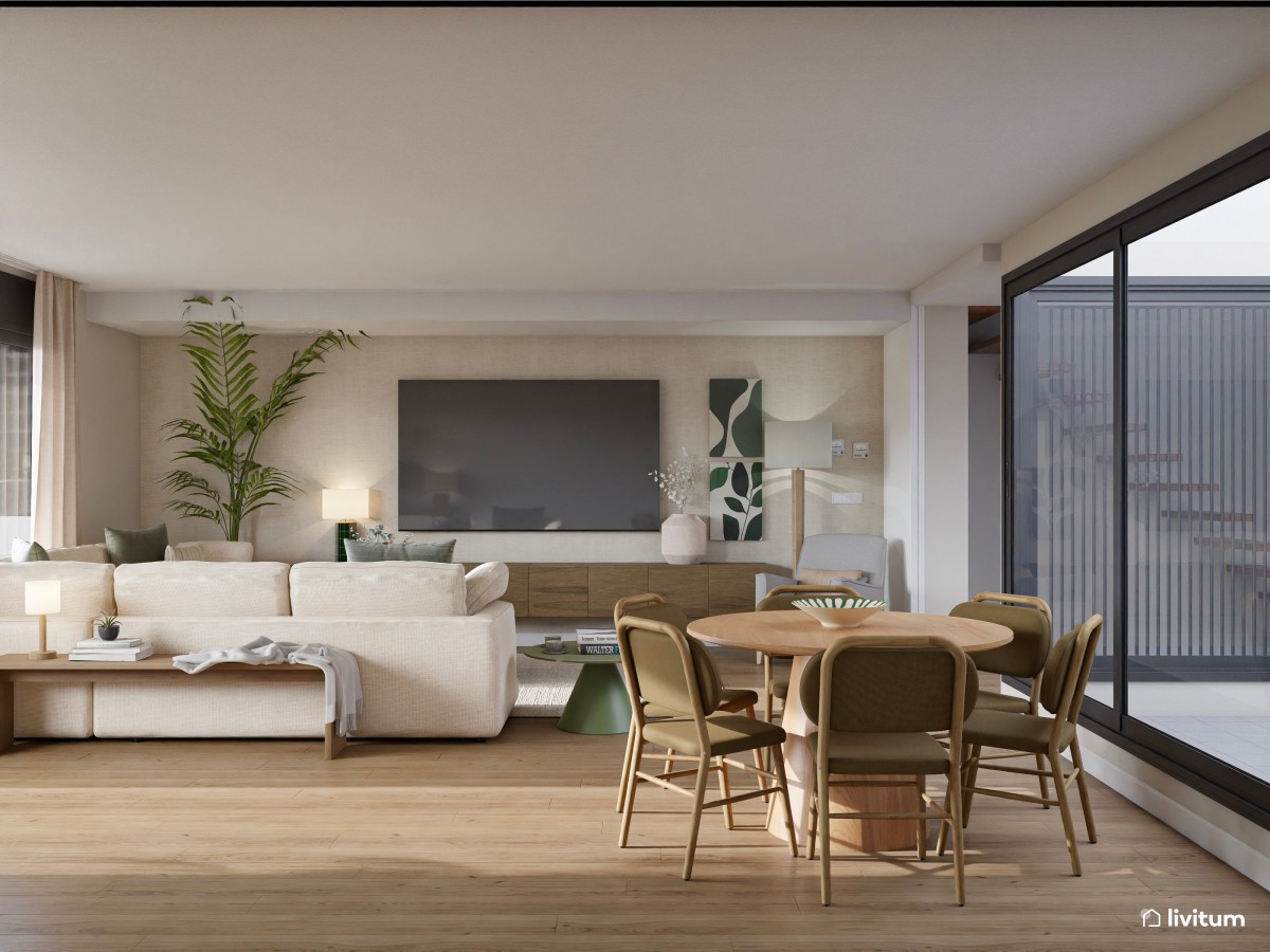 sal&oacute;n comedor en tonos madera oscura, sof&aacute; en l y mesa de comedor redonda