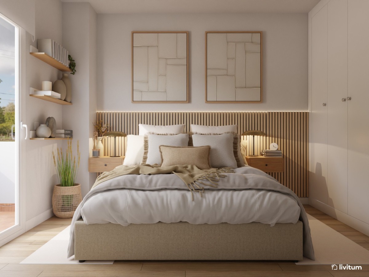 dormitorio en tonos madera, listones de madera y cama de matrimonio