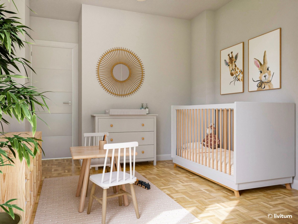 dormitorio en tonos claros, cuna de madera y c&oacute;moda con cambiador