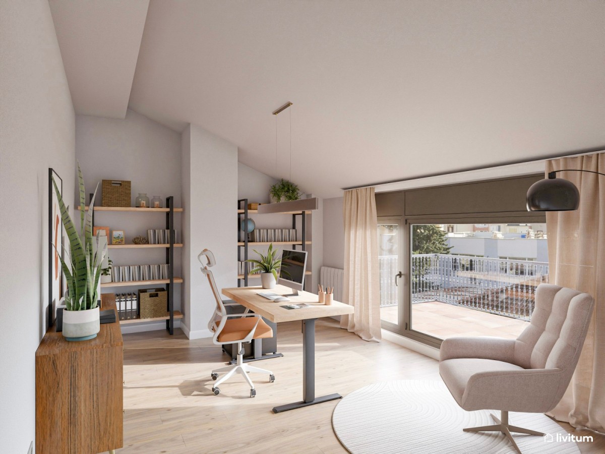 estudio amplio con estanter&iacute;as y sill&oacute;n 