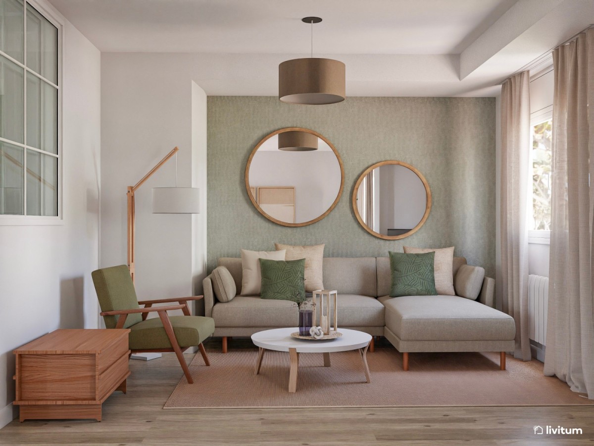 sal&oacute;n con papel pintado, sof&aacute; en L, sill&oacute;n en verde y mesa de centro