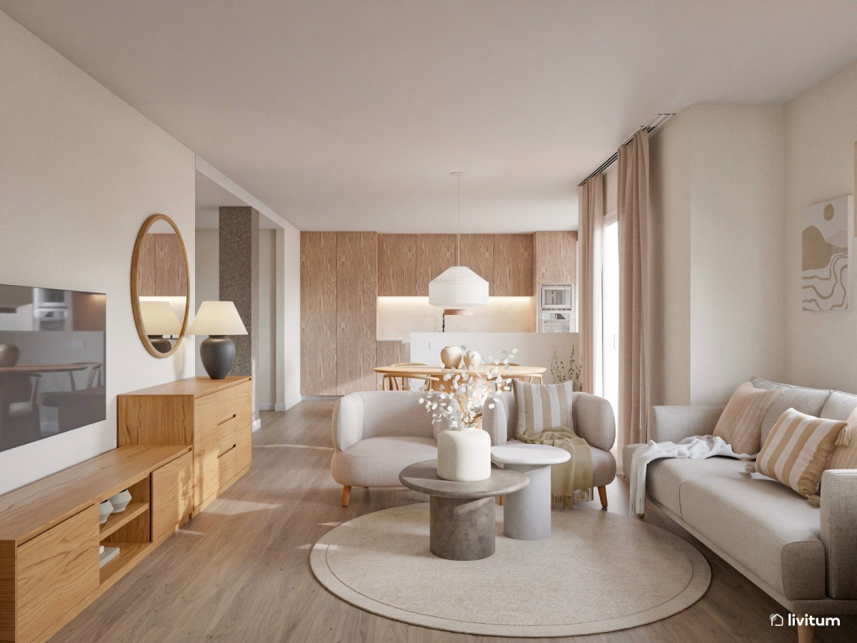 sal&oacute;n comedor con sof&aacute;s y sillones de tonos claros