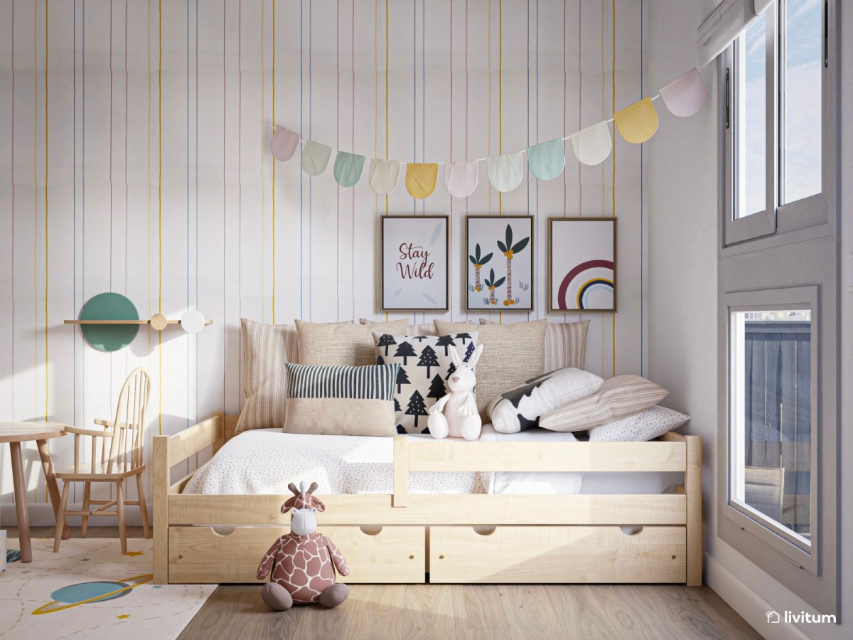 dormitorio infantil con papel pintado de colores y cama con almacenamiento