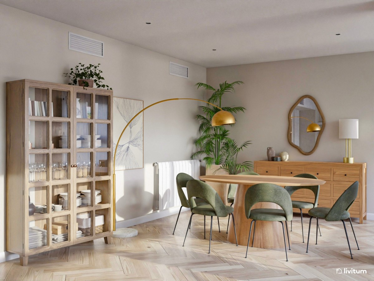 comedor en tonos neutros, vitrina de cristal y mesa de comedor ovalada