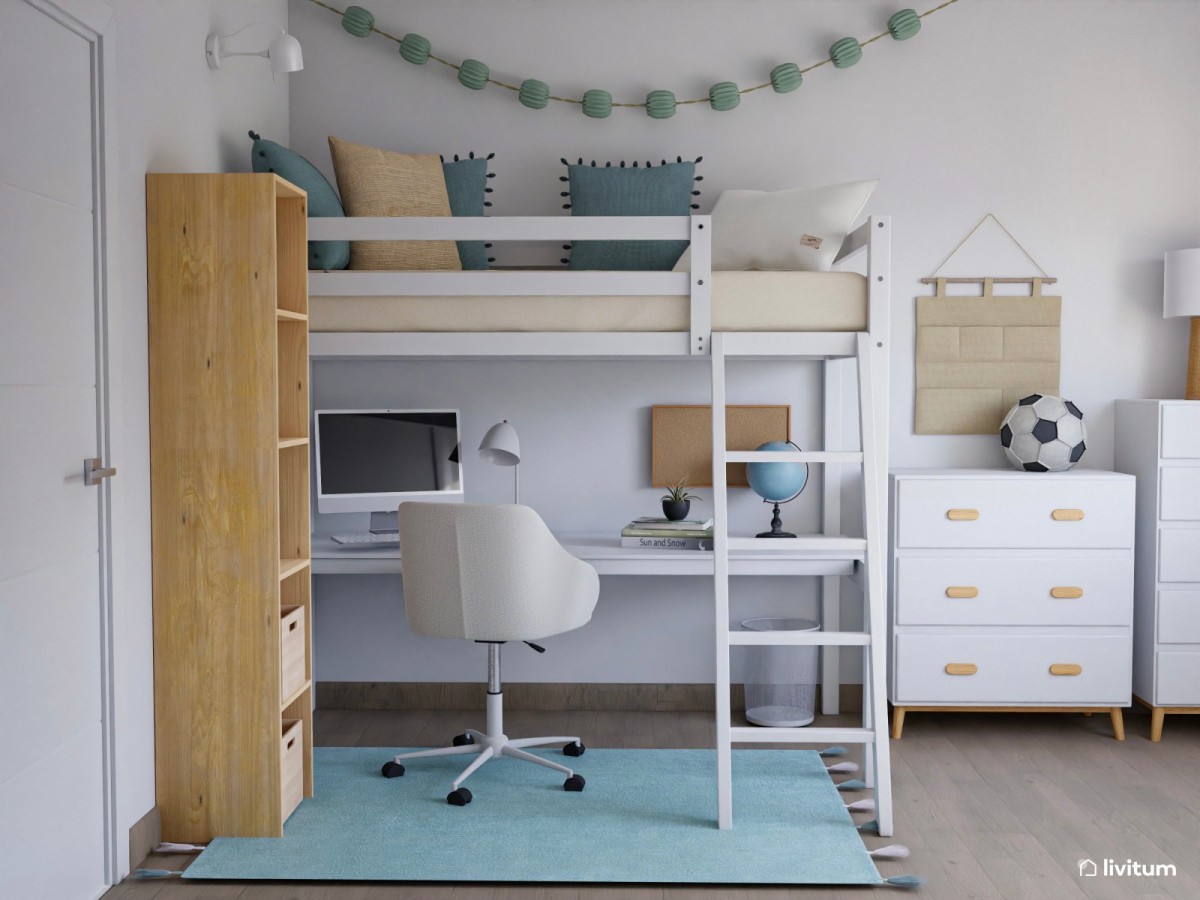 habitaci&oacute;n juvenil peque&ntilde;a con litera con escritorio debajo 