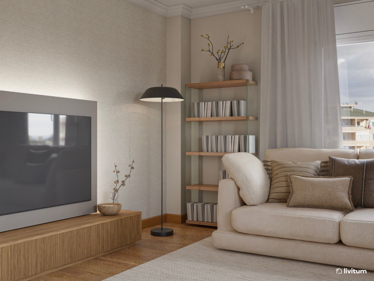 sal&oacute;n con sof&aacute; en tonos claros y zona de TV con lampara vertical y librer&iacute;a