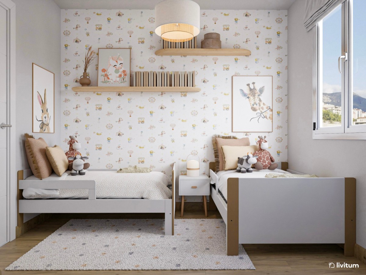 dormitorio infantil doble con papel pintado y camas individuales