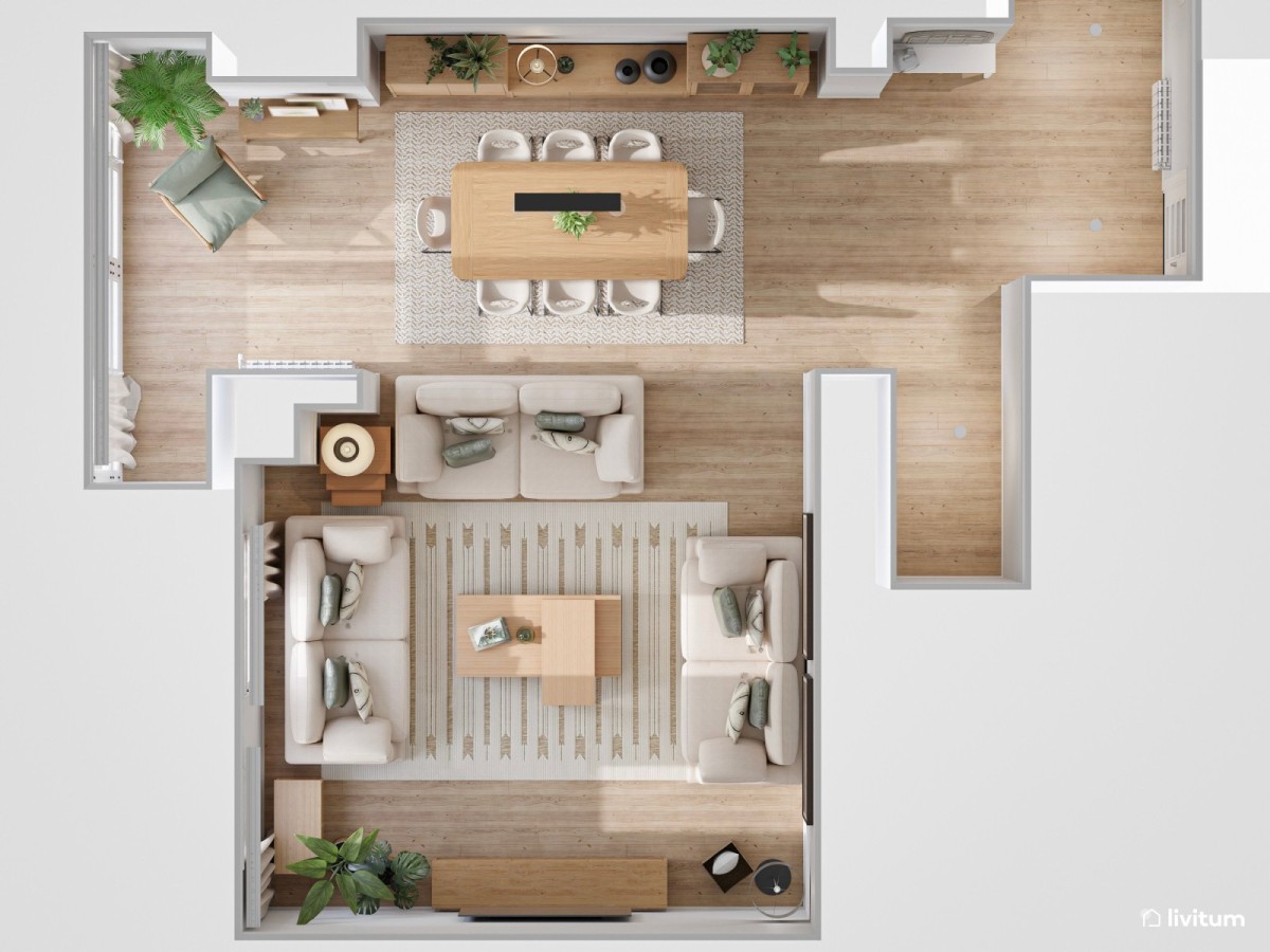 plano de sal&oacute;n comedor en tonos neutros, zona de descanso y mesa de comedor rectangular